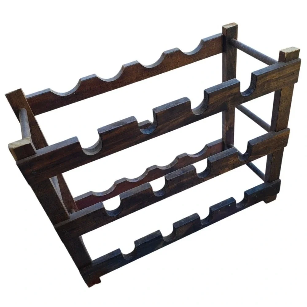 Vintage Rustic Dark Wood 12 Bottle Stackable Wine Rack Freestanding Scalloped‎
